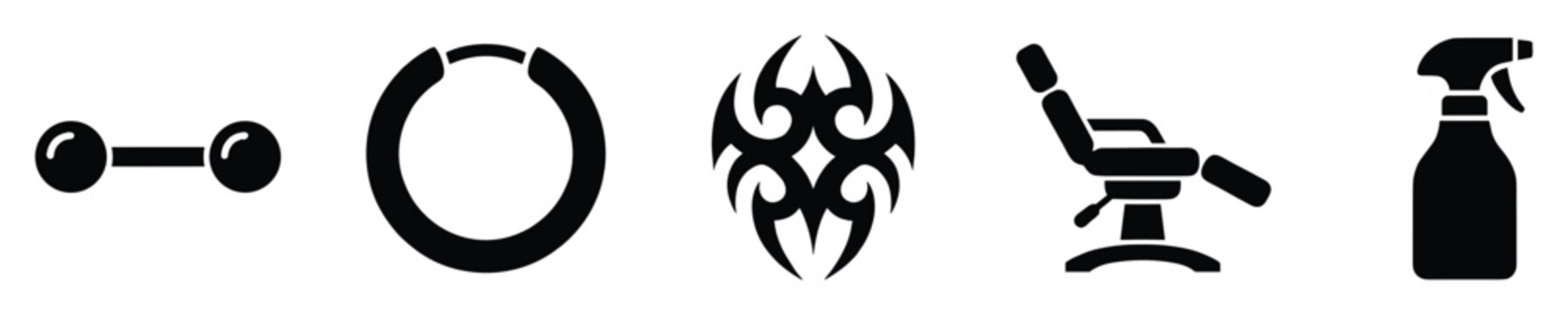 Body piercing jewelry, tribal tattoo, studio equipment icons for modification shops