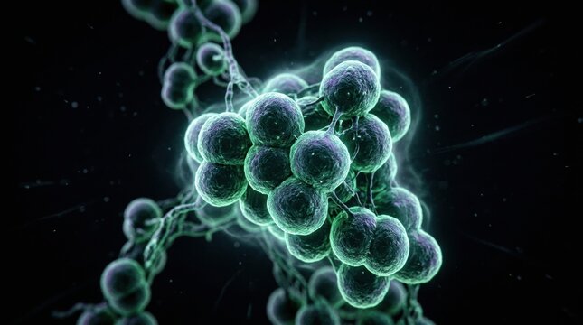 A detailed look at a superbug in a dark setting highlighting its cellular structure and connections in a scientific context.