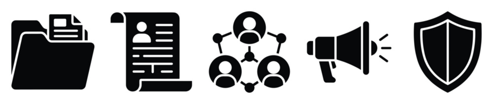 Black silhouette icons for human resources, communication, and data security management applications