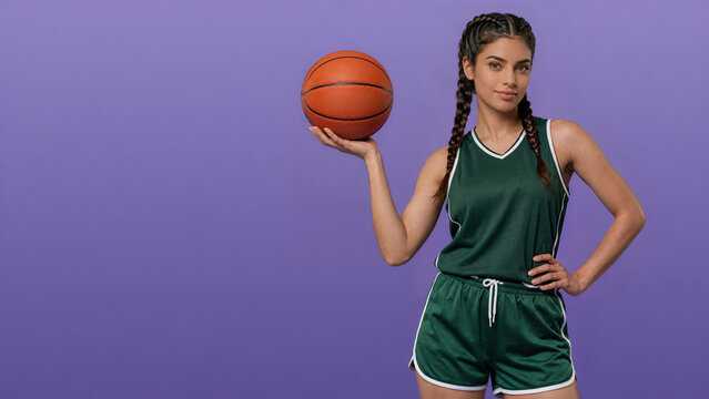 Young woman in dark green basketball attire poses with a ball balanced on one hand against a purple studio background, leaving wide copy space. Long braids, hand on hip.