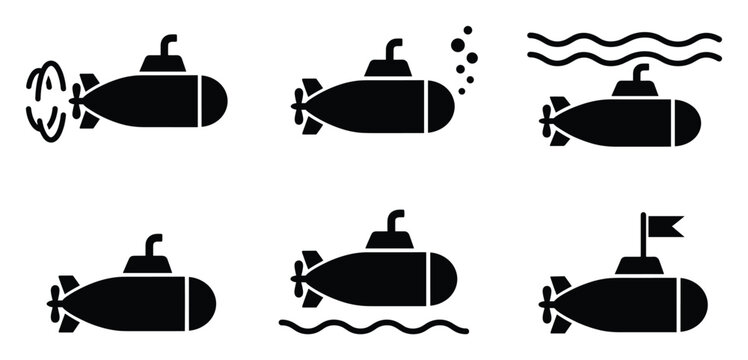 Submarine icons depicting underwater travel and exploration for various marine graphic design.