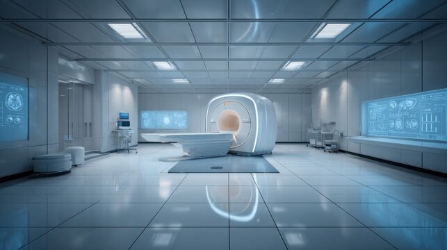 Modern Imaging Room with Advanced MRI Machine and High-Tech Medical Equipment in a Sleek and Clean Environment