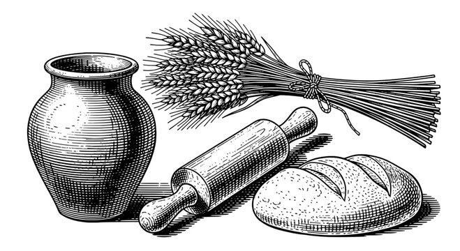 Baking set with rolling pin, bread, wheat, and jar illustration featuring vintage, rustic, kitchen with dough and traditional elements for