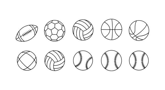 Balls sports set with football, soccer, volleyball, basketball, tennis, baseball, and softball icons in black line art style