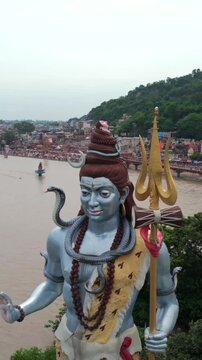 Vertical Aerial View of Lord Shiva Statue at Har Ki Pauri Haridwar India