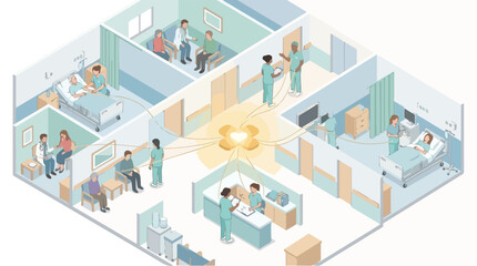 Obraz premium Hospital Healthcare Workers Connecting with Patients Isometric Illustration Medical Team Support and Tribute