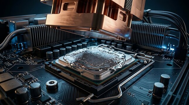 Computer processor being installed on a motherboard with thermal paste applied, showcasing advanced technology and electronics