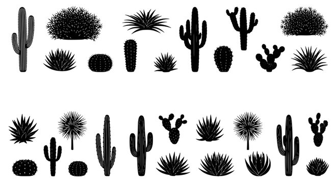 Cactus doodle icons set with desert plants silhouettes, prickly textures and small cacti shapes for vector stickers