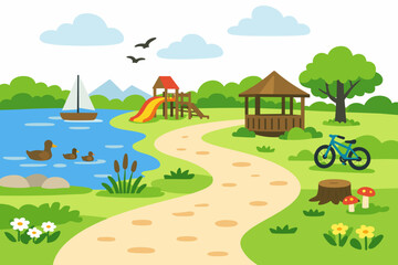Obraz premium Vibrant vector illustration of a colorful nature landscape featuring green trees, brown trunks, and blue sky on transparent background. Concept of ecology.