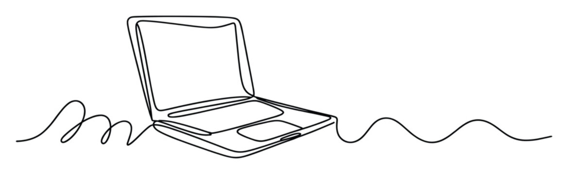 Continuous line drawing of a modern laptop symbolizing digital connection for business and education