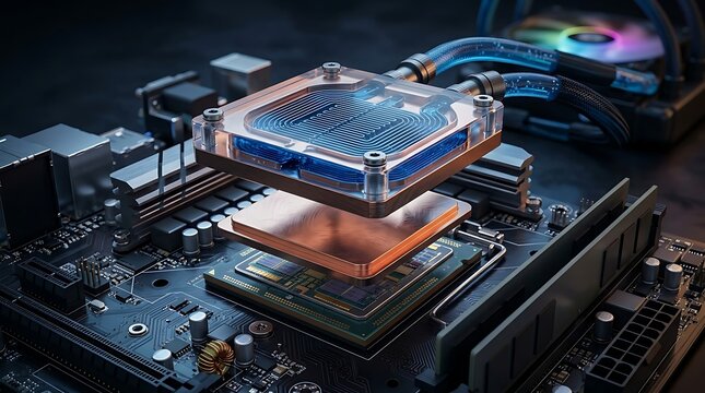 Advanced computer liquid cooling system with glowing blue fluid and copper heatsink on a dark motherboard for high performance computing