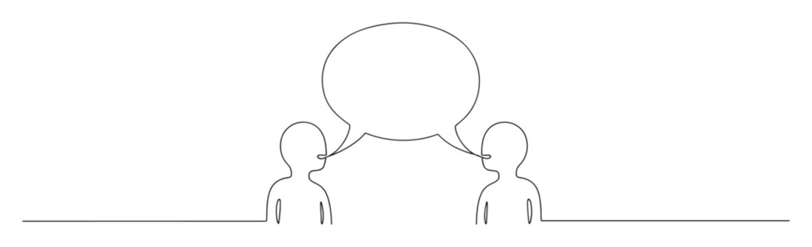Continuous line drawing of two people with a speech bubble representing dialogue communication concept