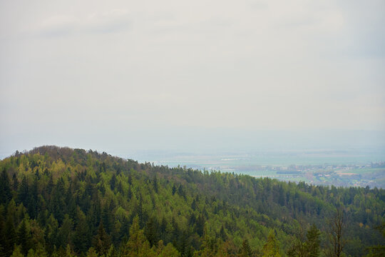 Wide landscape view of a green forested hill with a misty valley and farmland under cloudy sky. Concept of nature travel countryside scenery and rural environment