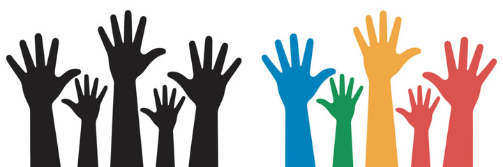 Obraz premium Raised hands diversity and unity participation icon, inclusive community teamwork collaboration symbol, social equality and support concept, engagement and togetherness, clean modern vector illustrati
