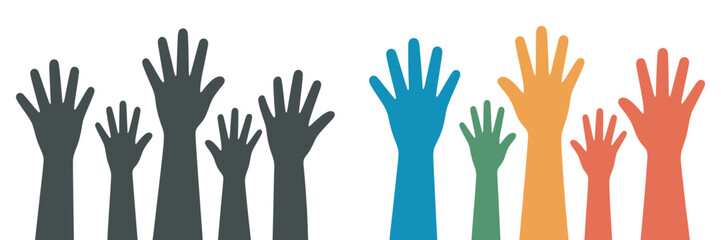 Fototapeta premium Raised hands diversity and unity participation icon, inclusive community teamwork collaboration symbol, social equality and support concept, engagement and togetherness, clean modern vector illustrati