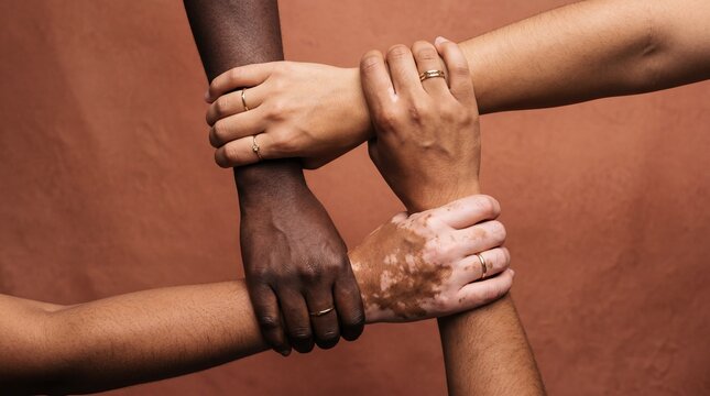 Four diverse hands with different skin tones interlocking wrists on a warm brown background