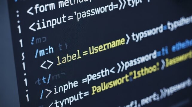 Computer screen displaying HTML source code for website login form