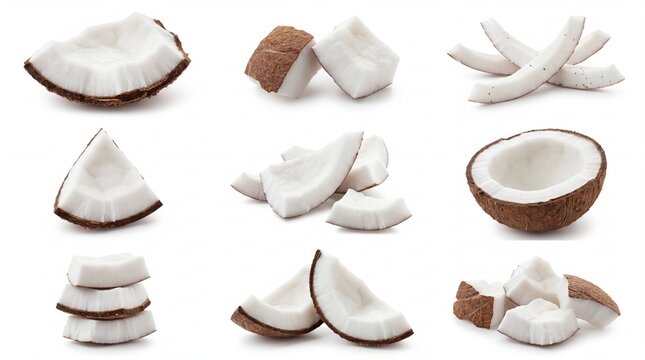 Set of fresh coconut pieces and chunks isolated on white background