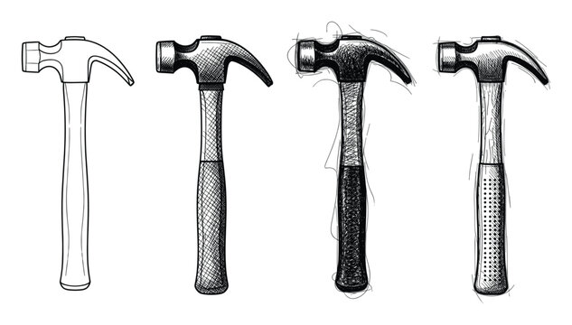 Various styles of claw hammer sketches and line drawings perfect for construction and repair concepts