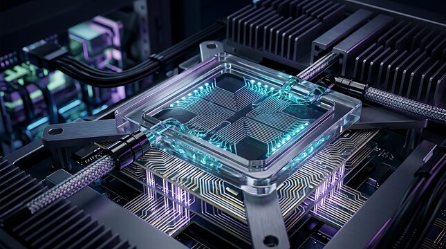 Advanced computer processor with liquid cooling system illuminated by blue and purple lights on a dark background representing technology and innovation