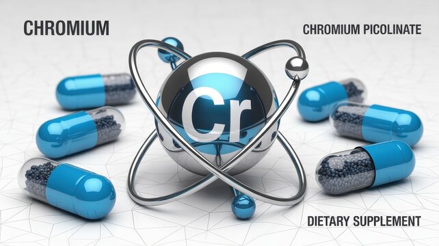 Chromium picolinate dietary supplement capsules with metallic atom symbol isolated on white background