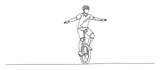 Obraz premium Unicyclist balancing on a unicycle in a single line drawing for skill and activity designs