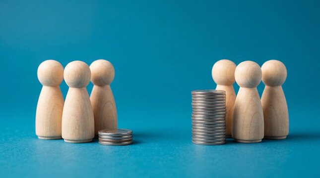 Two groups of wooden figures with different heights of coin stacks on blue background