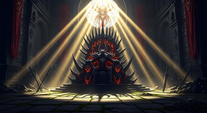 Dark fantasy iron throne in a gothic castle hall, majestic king seat with glowing red embers, epic throne room with dramatic sunbeams