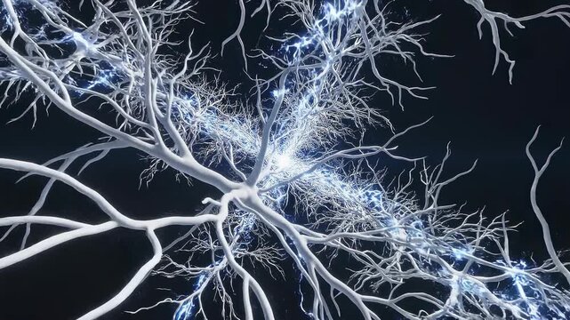Neuron neural network synapse brain nerve cell electric signal glowing neurons neuroscience 3D abstract neuron network branching dendrite axon impulse