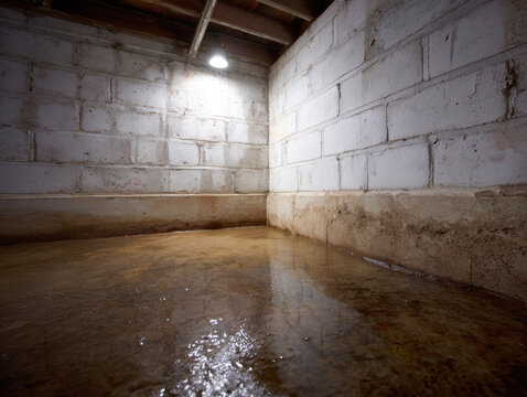 Damp basement floor efflorescence white powder concrete wall water damage mold stain flooded room moisture problem