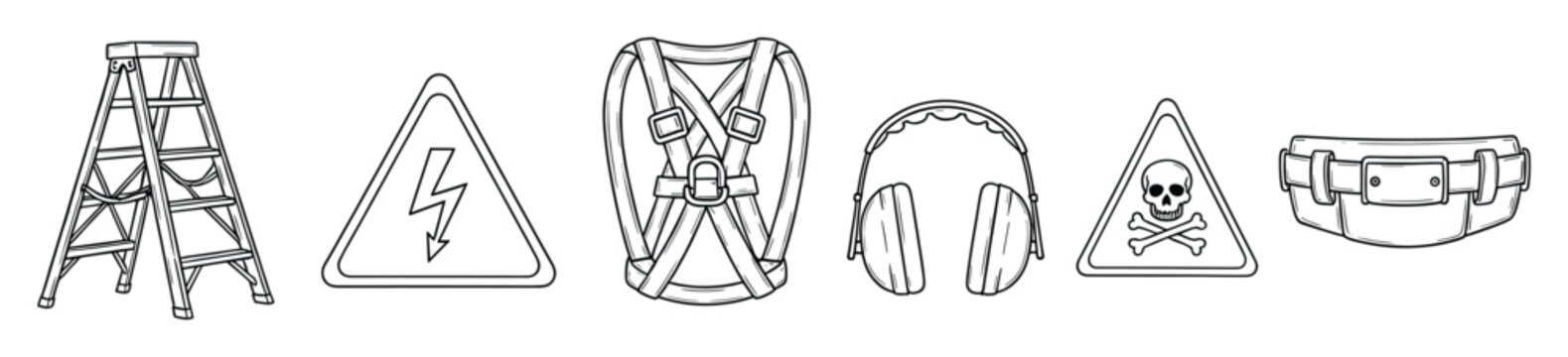 Safety equipment and warning signs for workplace hazard protection and industrial education.