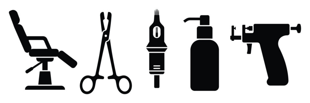 Professional body modification tools for tattoo and piercing studio marketing materials.