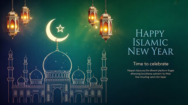 Happy islamic new year greeting with crescent moon mosque lanterns and elegant green background