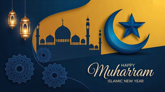 Happy muharram islamic new year banner with mosque crescent and lantern decoration  