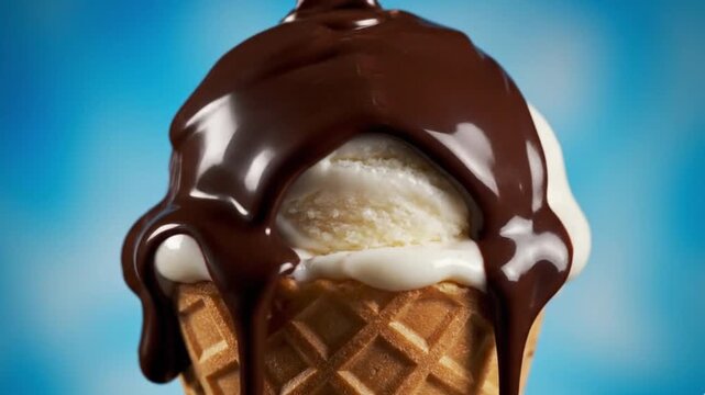 Slow Motion Chocolate Sauce Dripping Over Vanilla Ice Cream in Waffle Cone with Blue Background