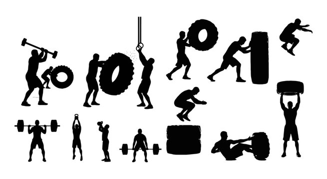 Silhouettes of athletes performing various crossfit and heavy weight exercises