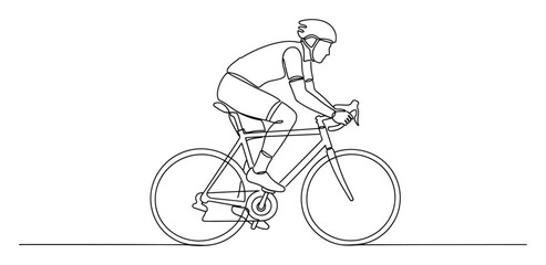 Fototapeta premium Continuous line drawing of a cyclist riding a road bicycle representing active sports and healthy living