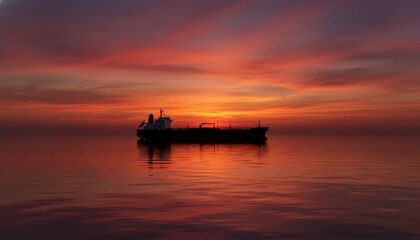 Obraz premium A solitary modern crude oil tanker silhouetted against a vibrant fiery orange and purple sunset on calm waters