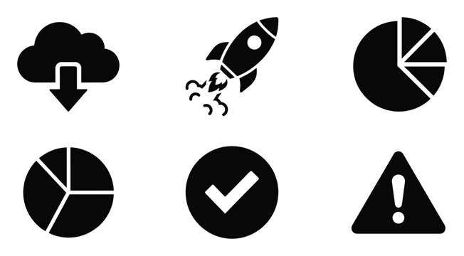 Collection of essential business and technology icons including data, progress, and alert symbols for various applications