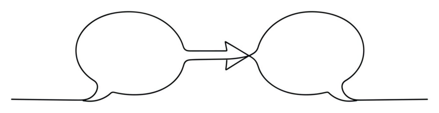 Simple continuous line drawing depicting two speech bubbles linked by an arrow for dynamic communication concepts
