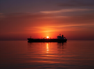 Fototapeta premium Modern crude oil tanker sailing across calm waters at vibrant sunset with orange glow