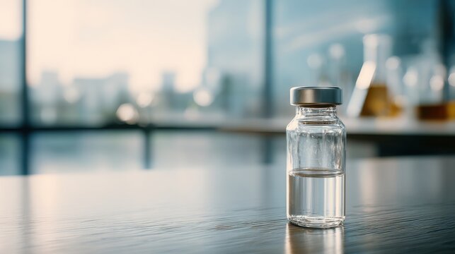 Transparent glass vial containing clear liquid on a wooden table in a bright laboratory setting with blurred glassware in background