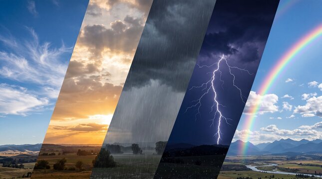 Collage of different weather conditions including blue sky sun rain lightning and rainbow over mountains