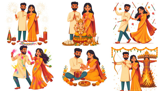 Indian couple celebrating multiple festivals, Ganesh puja, Eid, Holi, Navratri dandiya and Diwali rangoli flat illustration set

