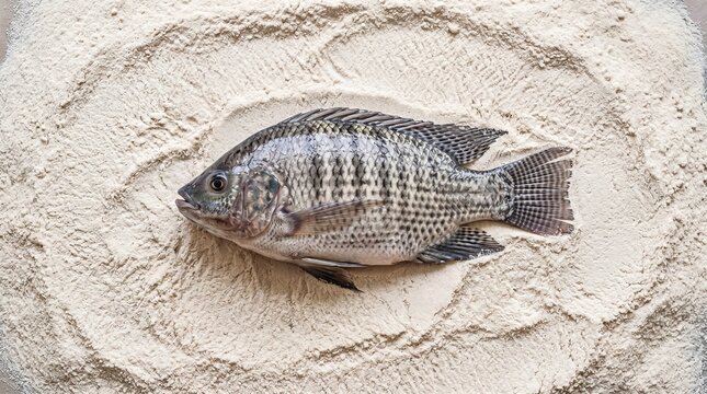 Tilapia fish lying on white collagen powder background with circular texture