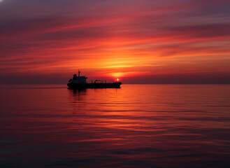 Obraz premium A solitary modern crude oil tanker ship silhouetted against a vibrant fiery orange and red sunset on calm waters reflecting warm hues
