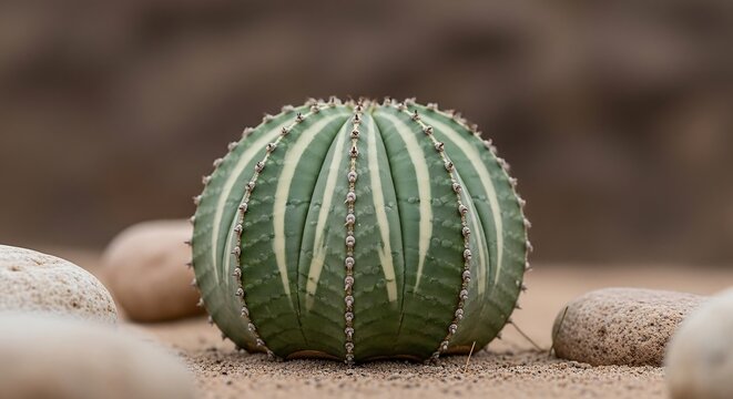 Euphorbia obesa variegata cactus on desert stones, botanical photography for rare plant collectors and modern nature branding