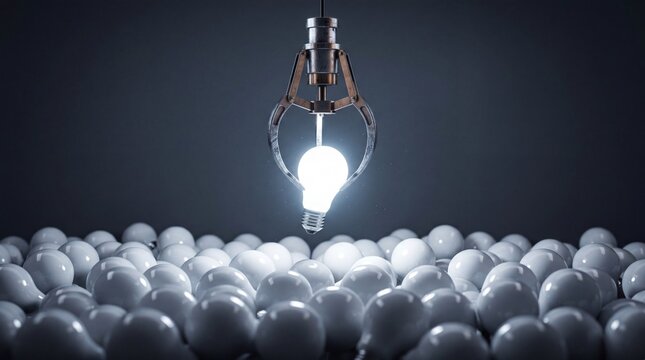 3D claw machine capturing glowing light bulb among pile of dim bulbs in factory