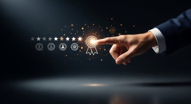 Customer satisfaction hand selecting glowing review icon, business concept photography for service branding and premium UX evaluation advertising