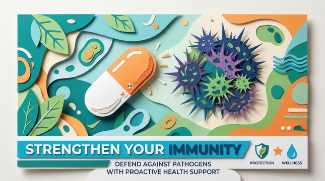 This artwork highlights a capsule and various spiky bacteria to emphasize the importance of supporting immunity against infections.